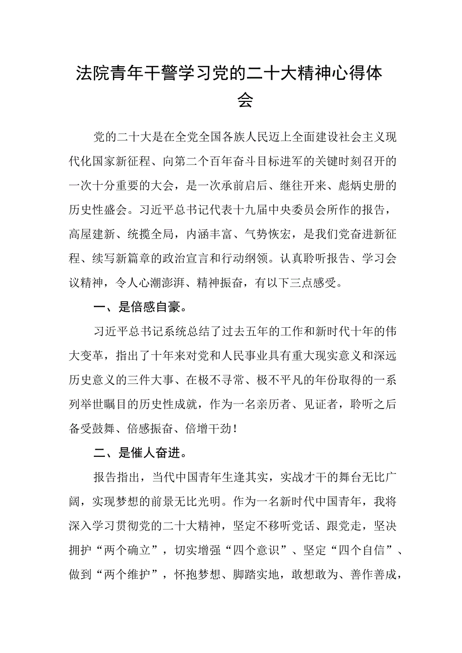 法院青年干警学习党的二十大精神心得体会范文.docx_第1页