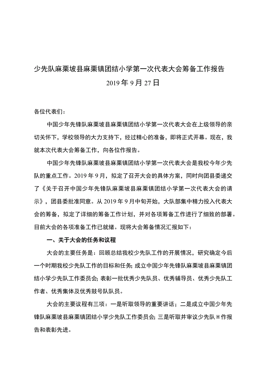 少先队麻栗坡县麻栗镇团结小学第一次代表大会筹备工作报告.docx_第1页