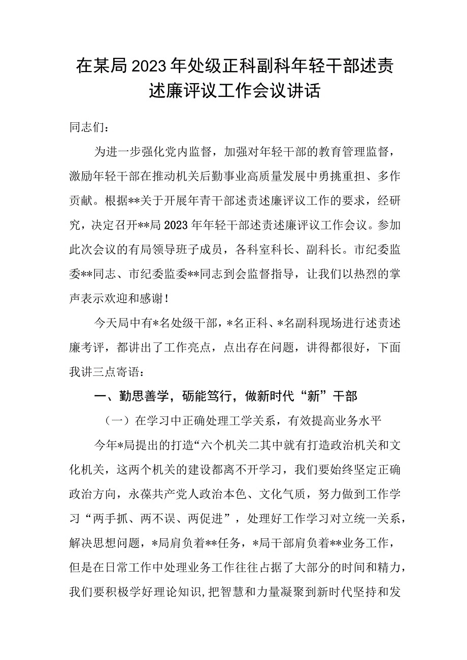 在某局2023年处级正科副科年轻干部述责述廉评议工作会议讲话.docx_第1页