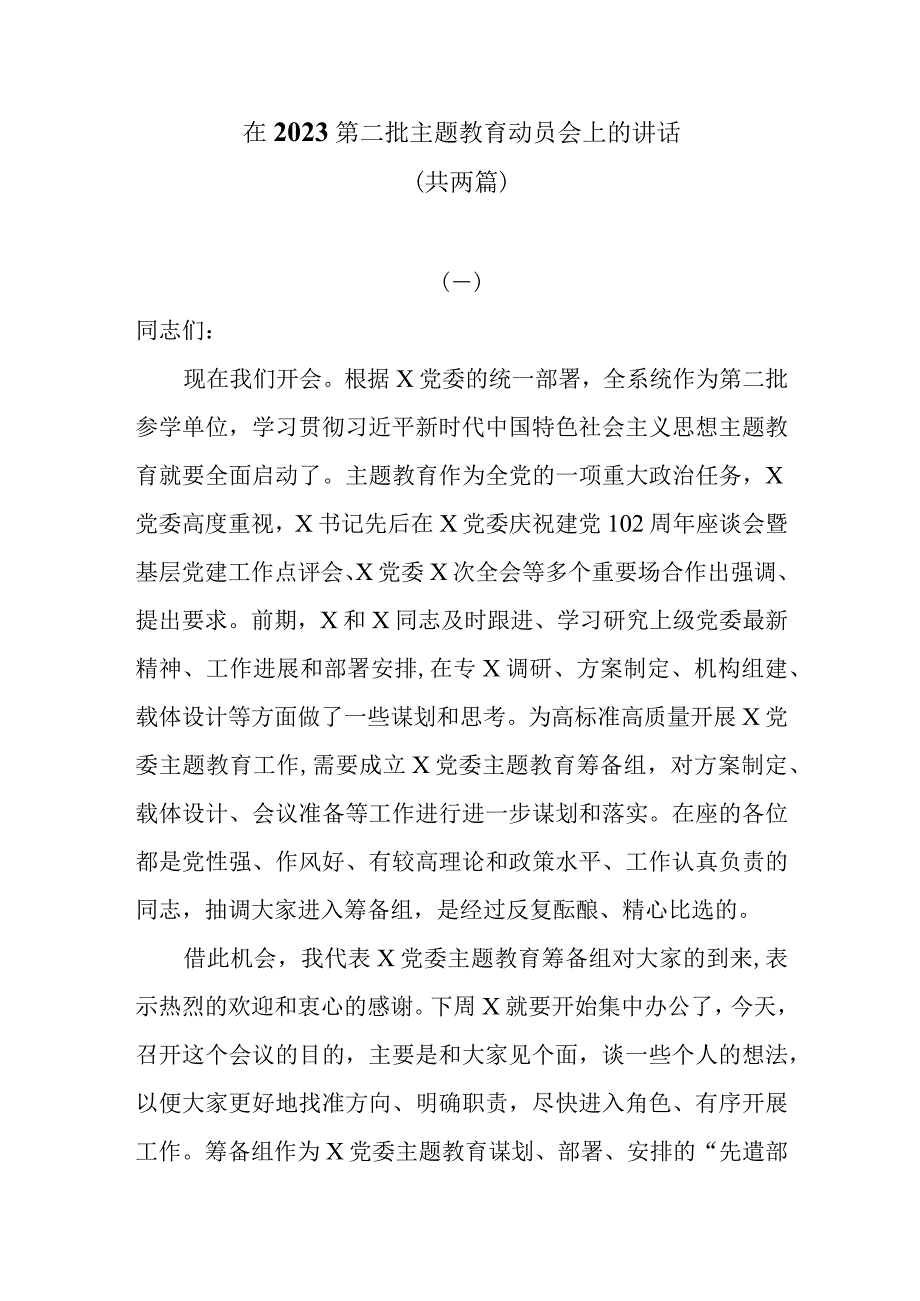 在2023第二批主题教育动员会上的讲话共两篇.docx_第1页