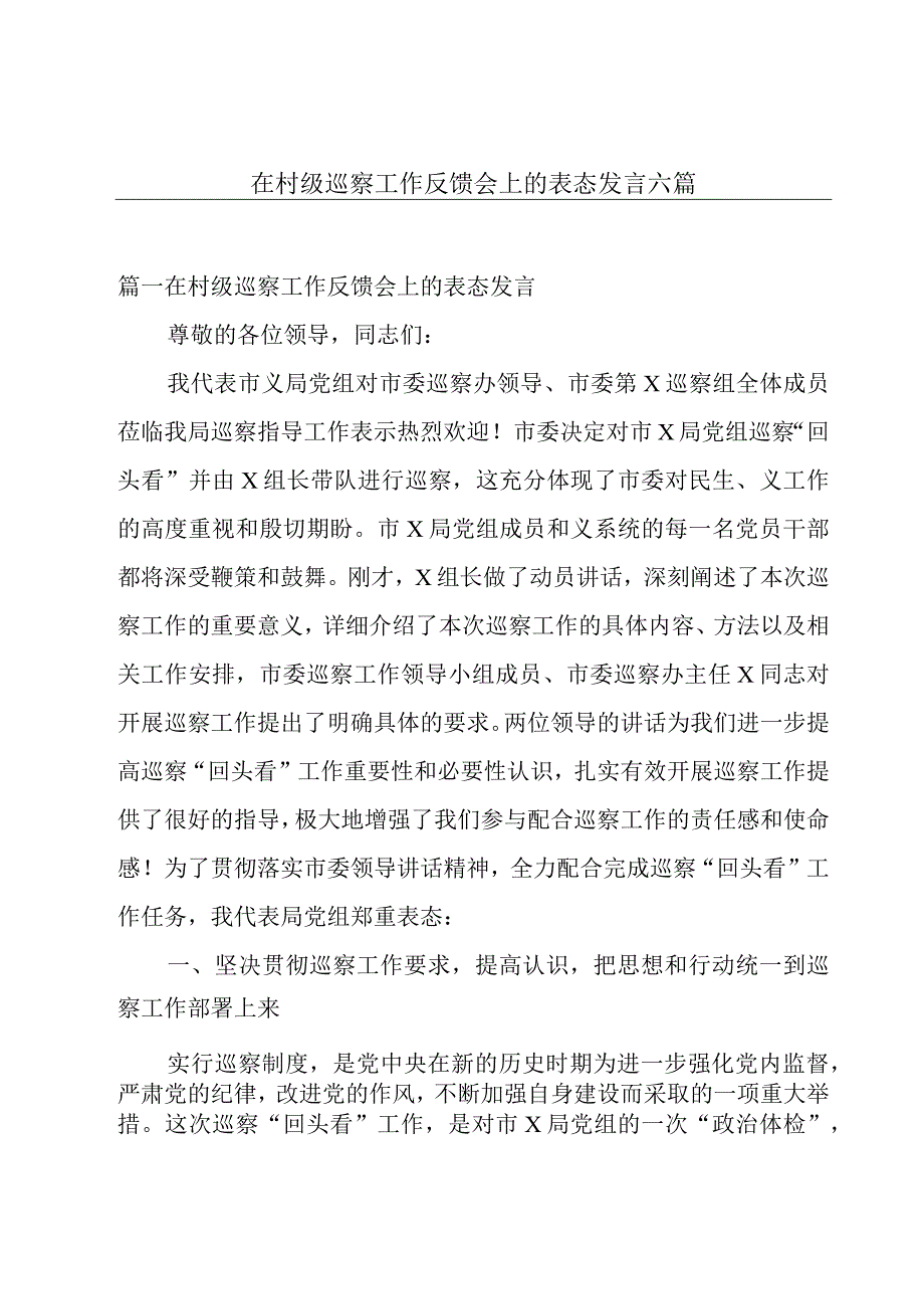 在村级巡察工作反馈会上的表态发言六篇.docx_第1页