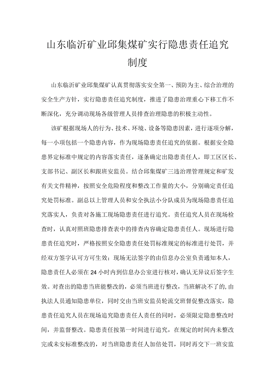 山东临沂矿业邱集煤矿实行隐患责任追究制度模板范本.docx_第1页