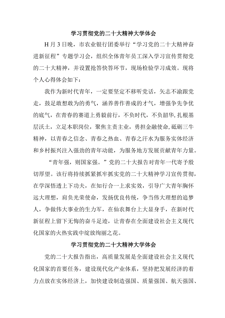 市区银行主任学习贯彻党的二十大精神心得体会 （合计3份）.docx_第1页