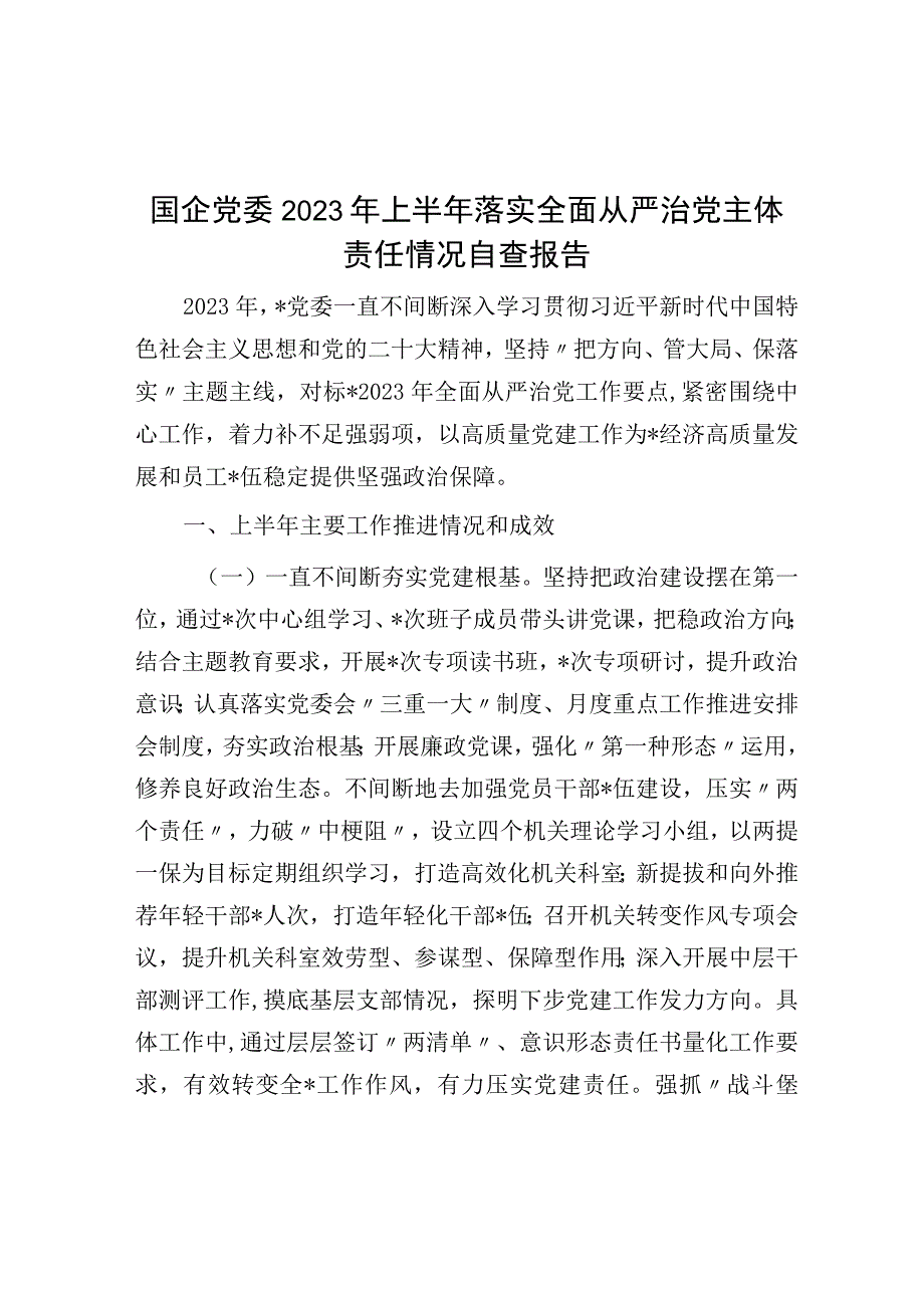 国企党委2023年上半年落实全面从严治党主体责任情况自查报告.docx_第1页