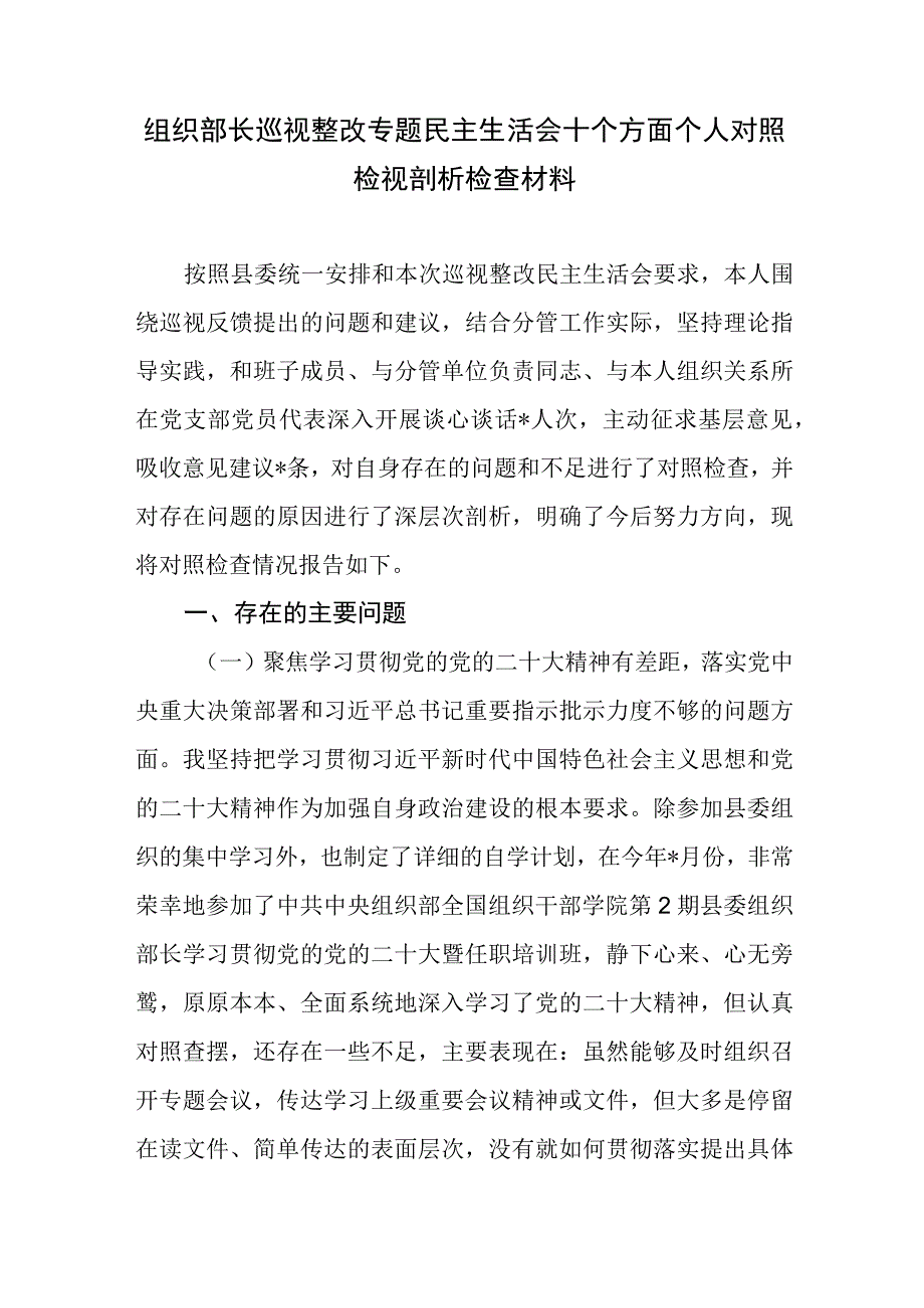 组织部长巡视整改专题民主生活会对照十个方面个人检视剖析检查材料.docx_第1页