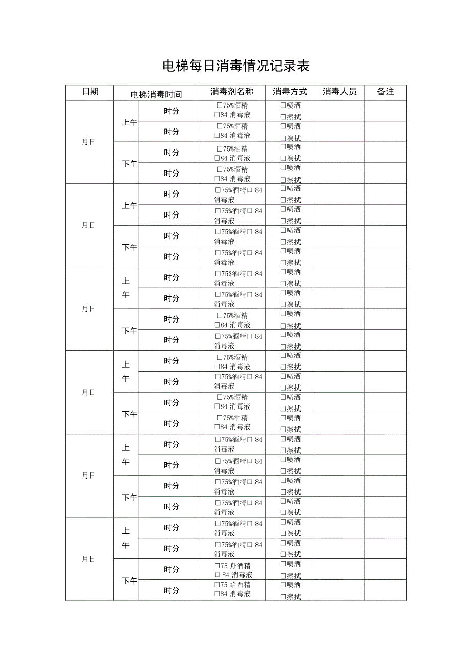 营业场所电梯每日消毒情况记录表模板.docx_第1页