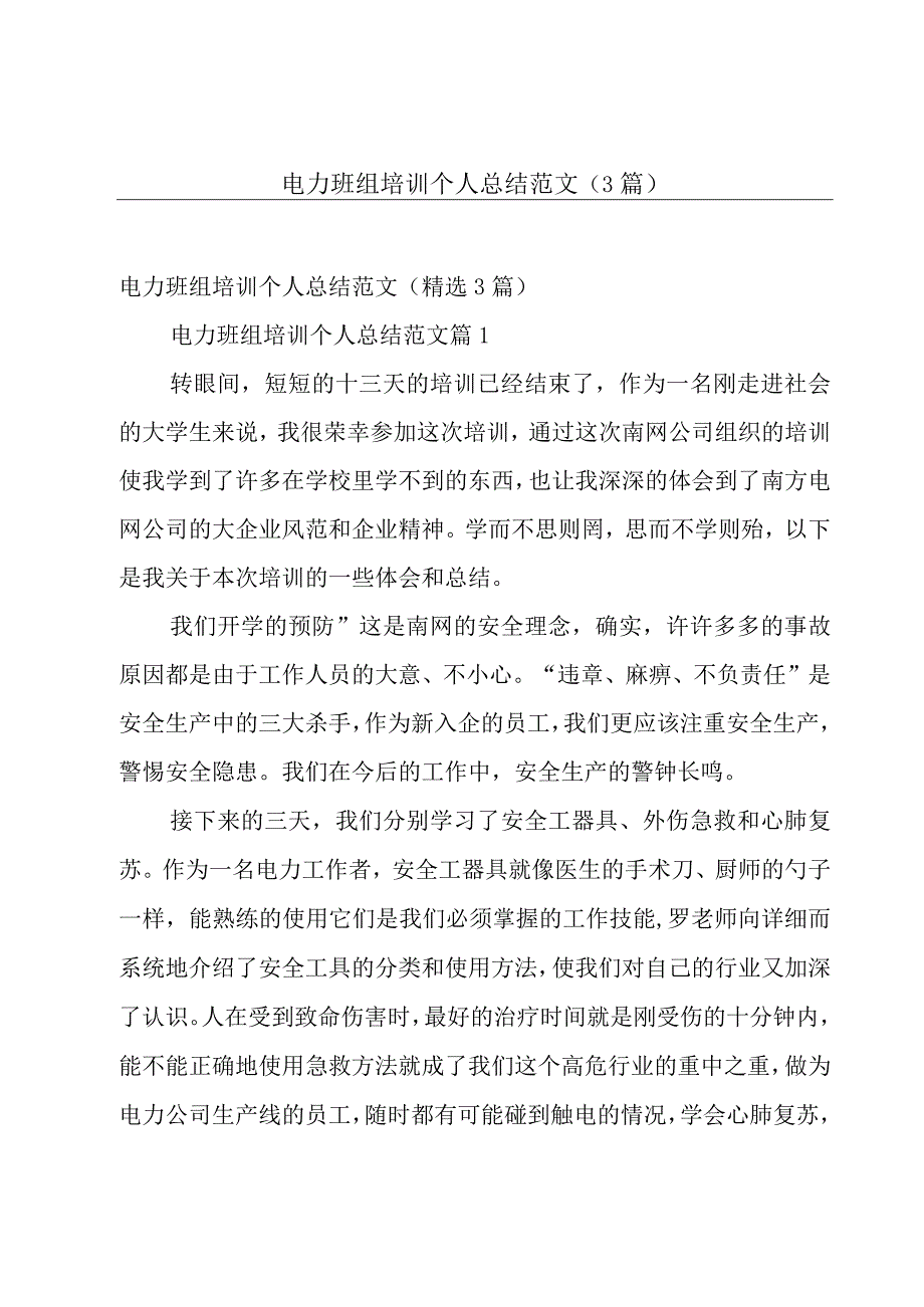 电力班组培训个人总结范文（3篇）.docx_第1页