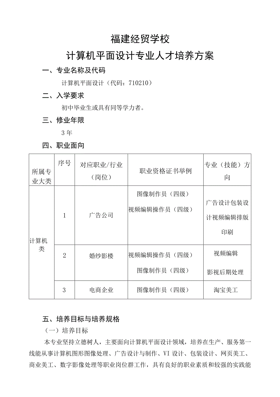 福建经贸学校计算机平面设计专业人才培养方案.docx_第1页