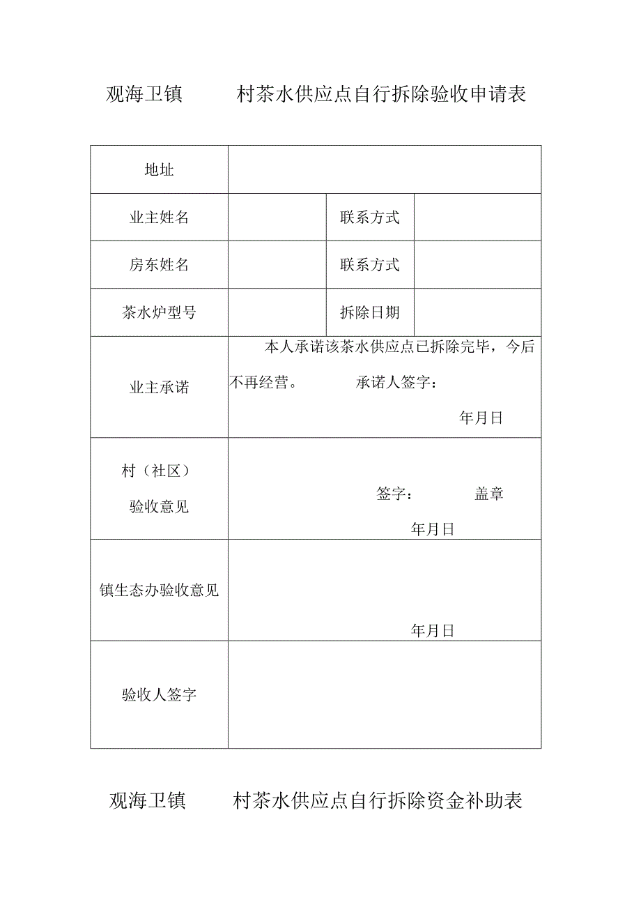 观海卫镇村茶水供应点自行拆除验收申请表.docx_第1页