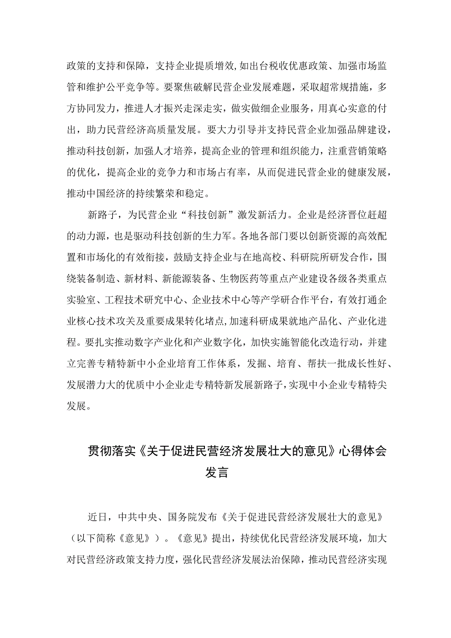 2023学习贯彻《关于促进民营经济发展壮大的意见》心得体会发言（共10篇）.docx_第2页