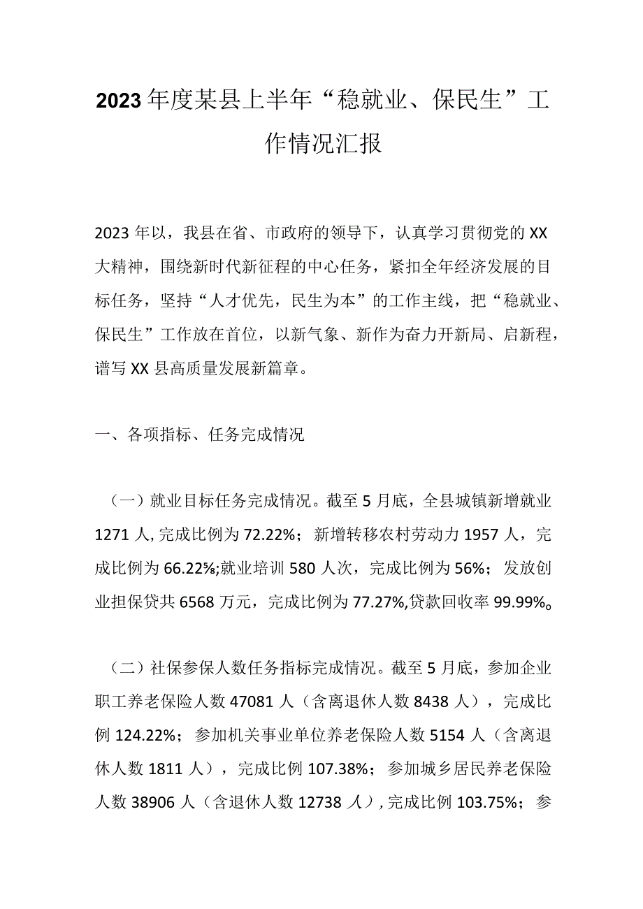 2023年度某县上半年“稳就业、保民生”工作情况汇报.docx_第1页