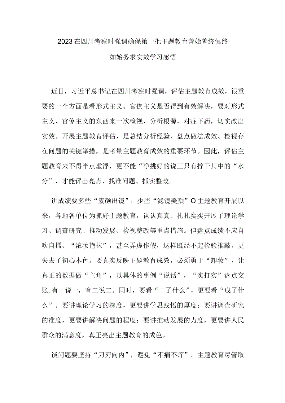 2023在四川考察时强调确保第一批主题教育善始善终慎终如始务求实效学习感悟3篇.docx_第1页