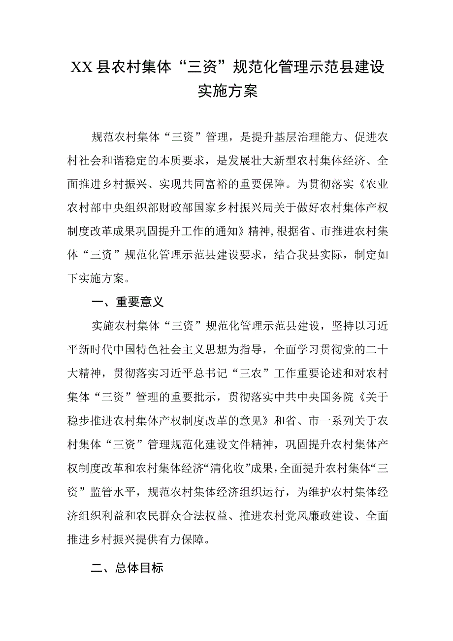 XX县农村集体“三资”规范化管理示范县建设实施方案.docx_第1页