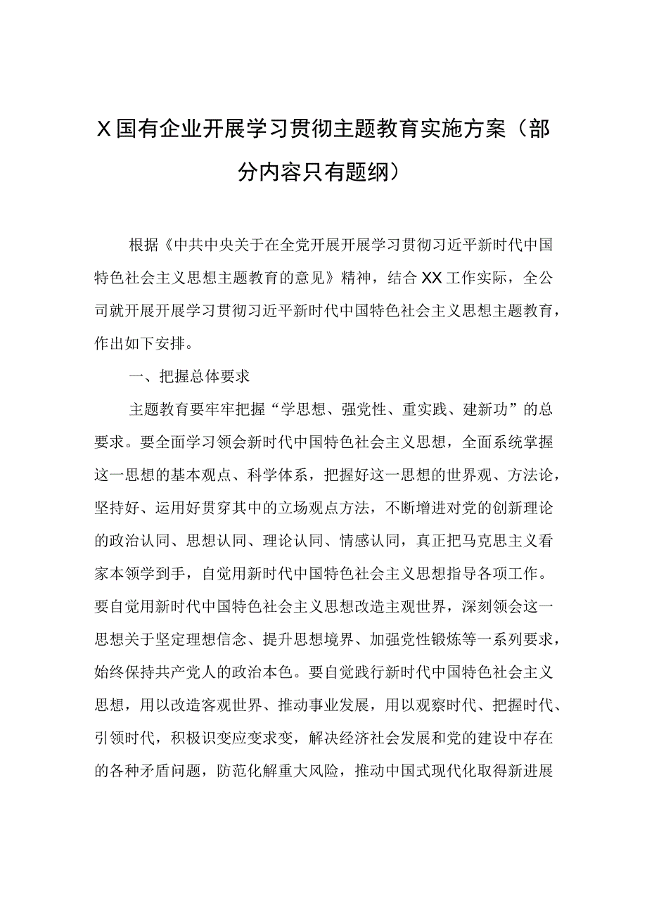 X国有企业开展学习贯彻主题教育实施方案（部分内容只有题纲）.docx_第1页