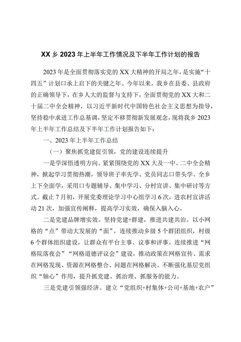 乡2023年上半年工作情况及下半年工作计划的报告.docx_第1页