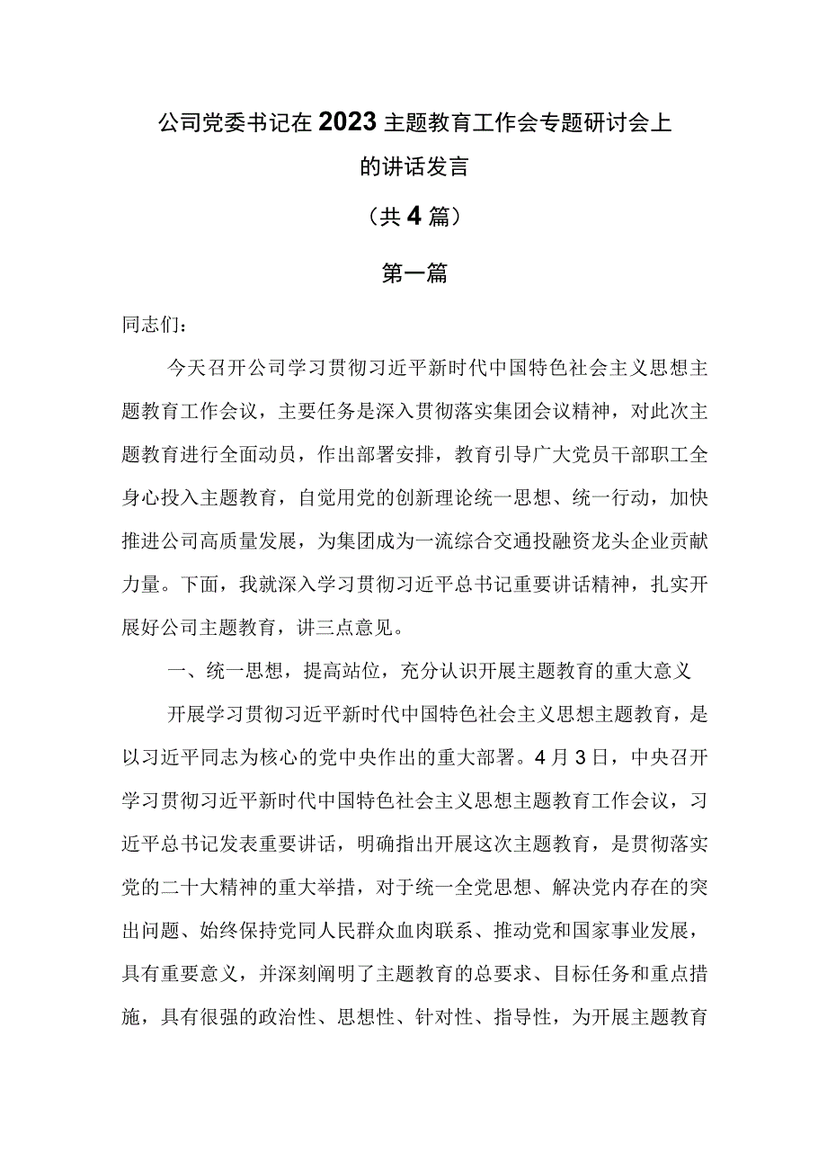 公司党委书记在2023主题教育工作会专题研讨会上的讲话发言共4篇.docx_第1页