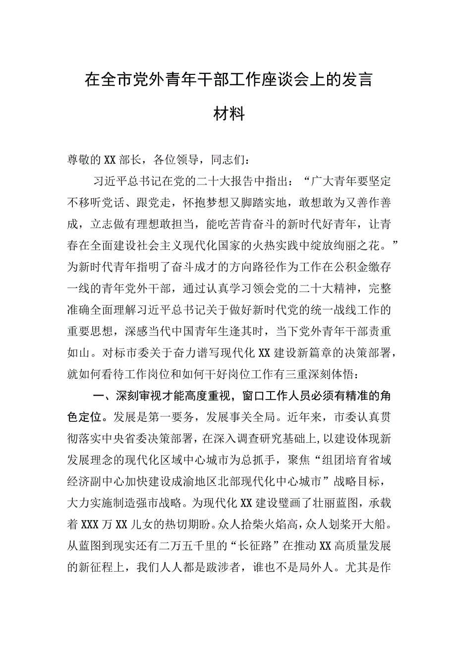 2023年在全市党外青年干部工作座谈会上的发言材料.docx_第1页