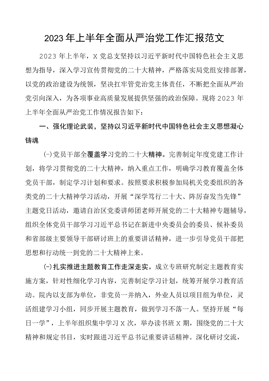 2023年上半年全面从严治团队工作汇报总结报告.docx_第1页