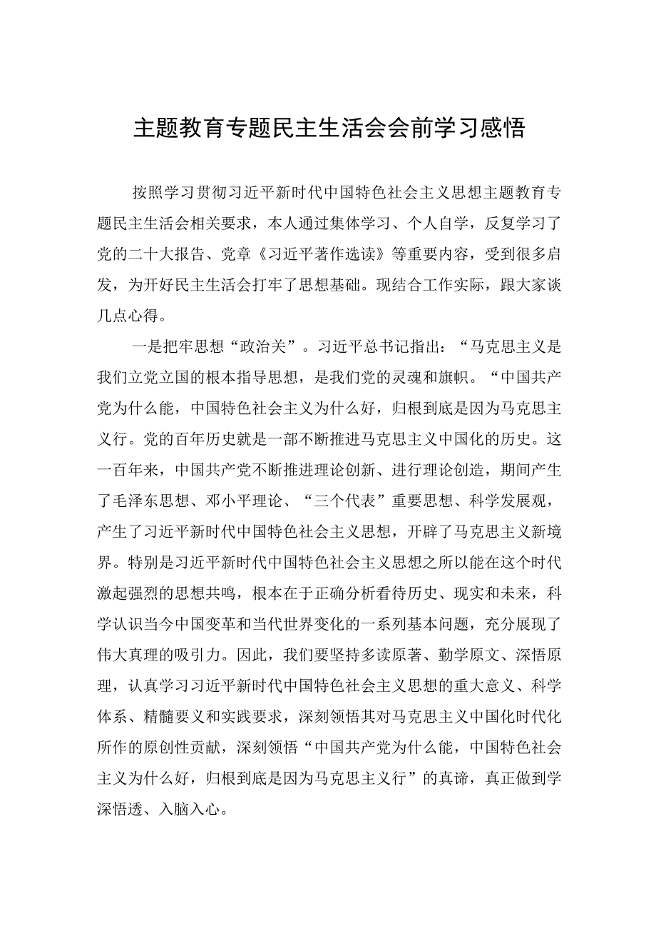 2023年主题.教育专题民主生活会会前学习感悟.docx_第1页