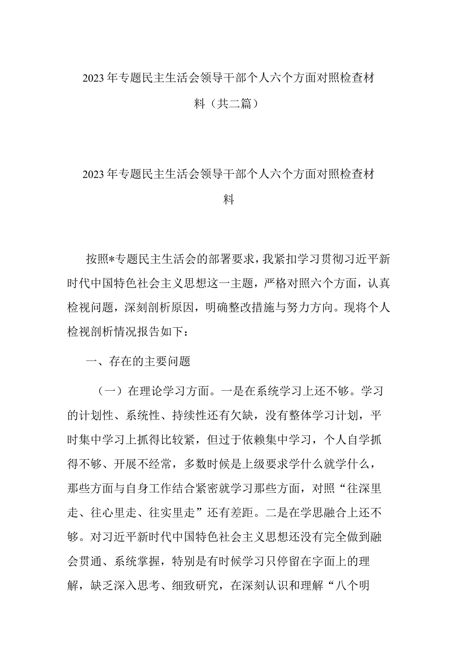 2023年专题民主生活会领导干部个人六个方面对照检查材料(共二篇).docx_第1页