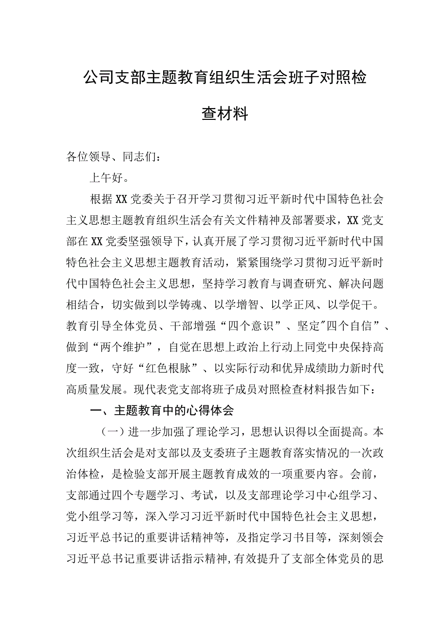 2023年公司支部主题.教育组织生活会班子对照检查材料.docx_第1页