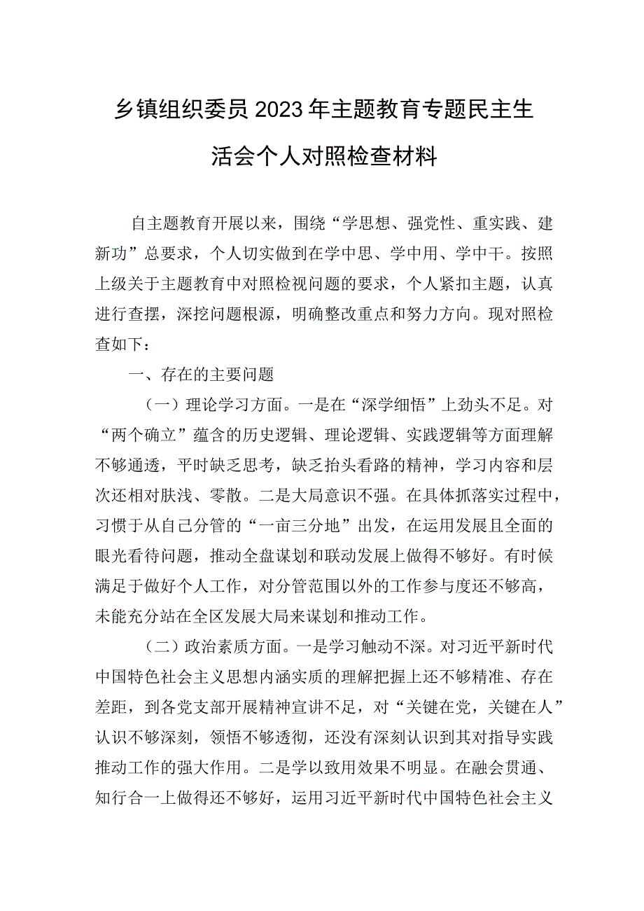 2023年乡镇组织委员2023年主题.教育专题民主生活会个人对照检查材料.docx_第1页