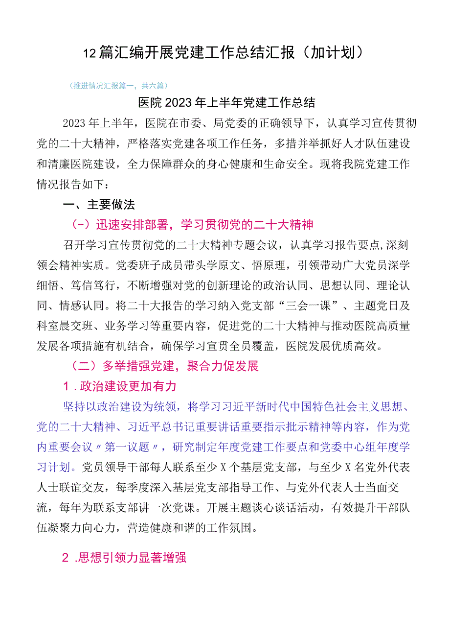 12篇汇编开展党建工作总结汇报（加计划）.docx_第1页