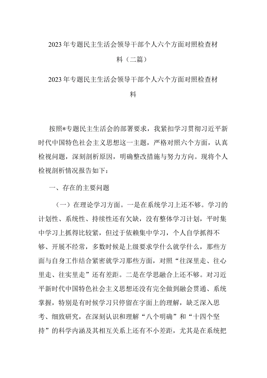 2023年专题民主生活会领导干部个人六个方面对照检查材料(二篇).docx_第1页