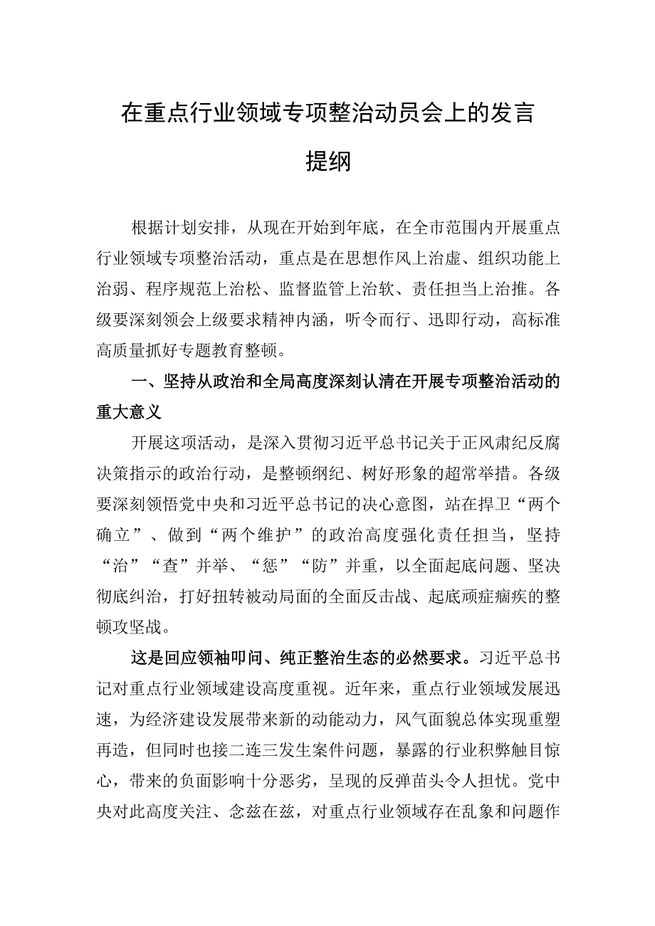 2023年在重点行业领域专项整治动员会上的发言提纲.docx_第1页