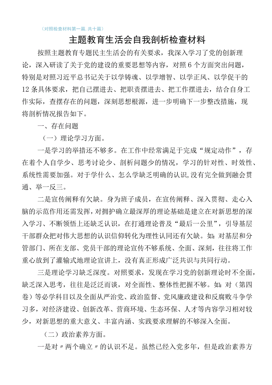 2023年领导主题教育检视剖析材料10篇.docx_第1页