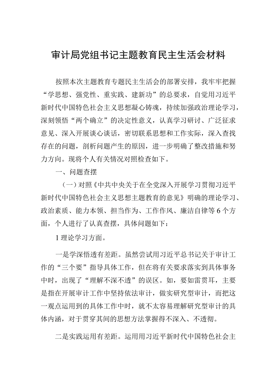 2023年审计局党组书记主题.教育民主生活会材料.docx_第1页