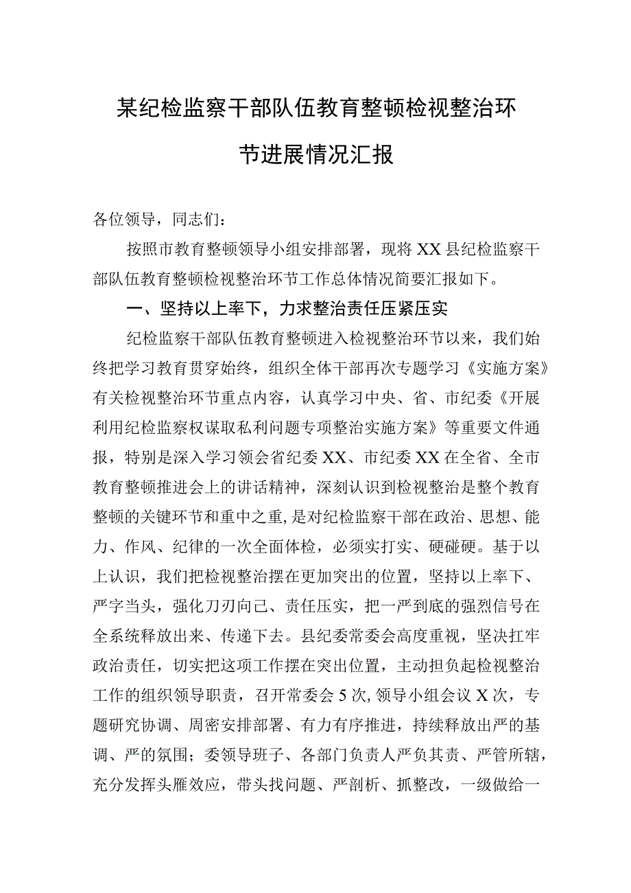 2023年某纪检监察干部队伍教育整顿检视整治环节进展情况汇报.docx_第1页