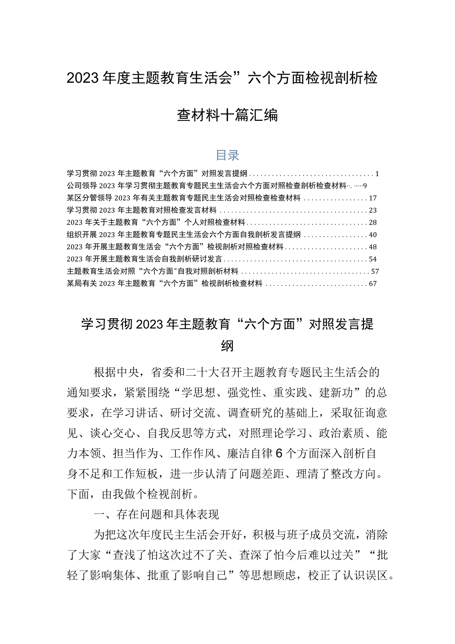 2023年度主题教育生活会“六个方面”检视剖析检查材料十篇汇编.docx_第1页