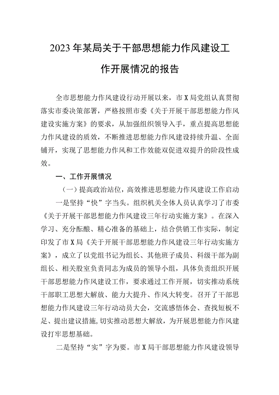 2023年某局关于干部思想能力作风建设工作开展情况的报告.docx_第1页