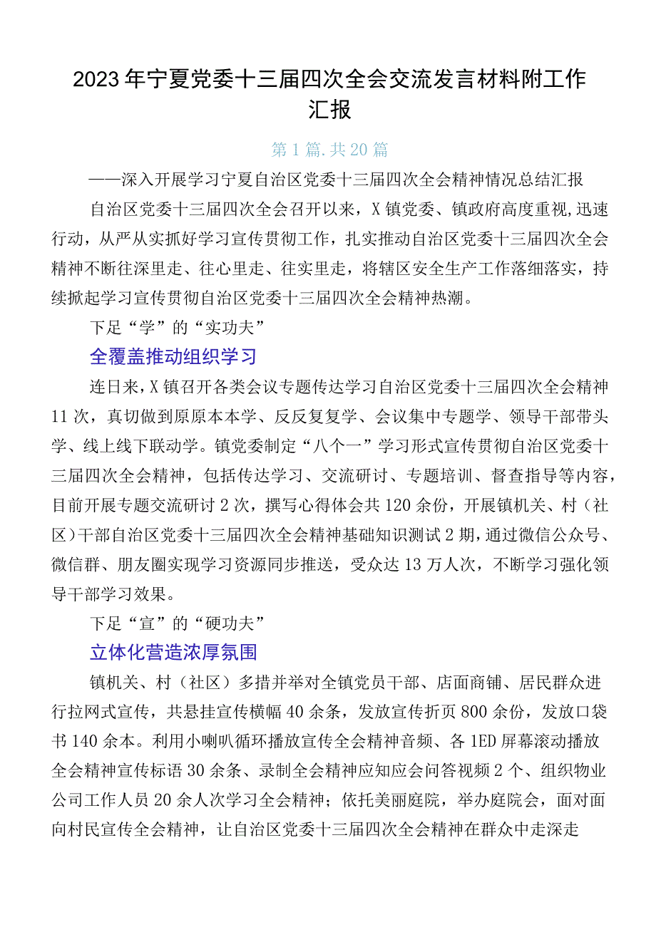 2023年宁夏党委十三届四次全会交流发言材料附工作汇报.docx_第1页