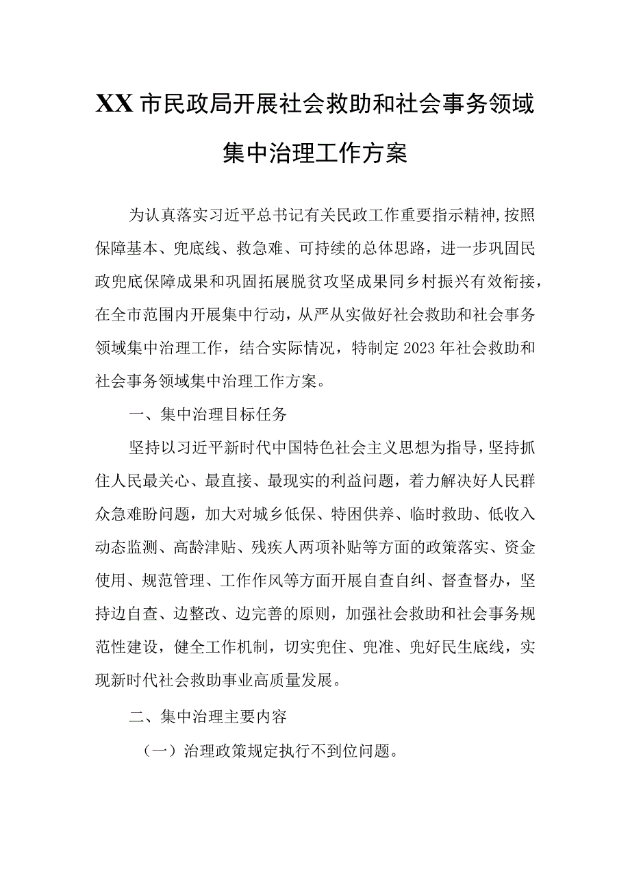 XX市民政局开展社会救助和社会事务领域集中治理工作方案.docx_第1页