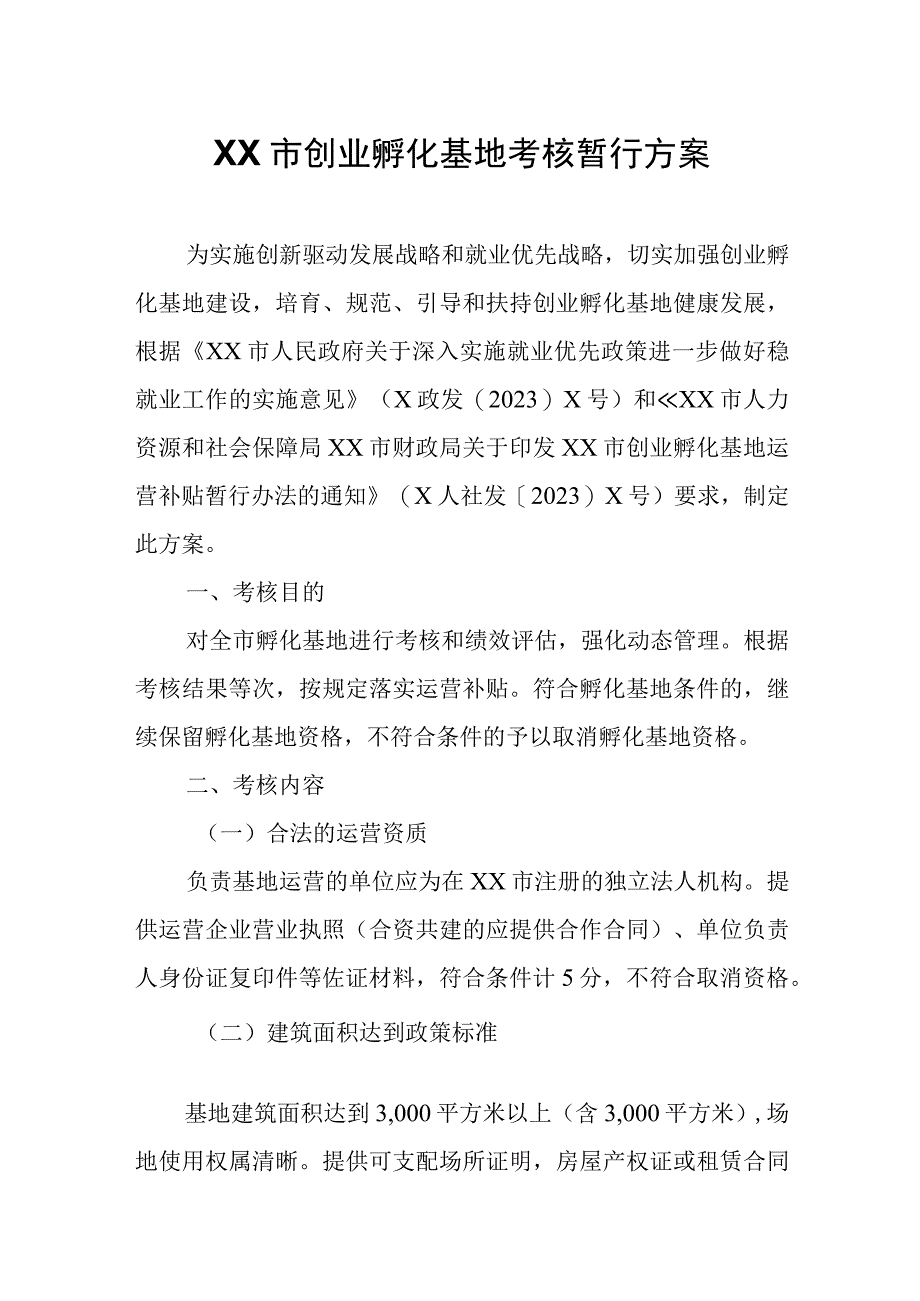 XX市创业孵化基地考核暂行方案.docx_第1页