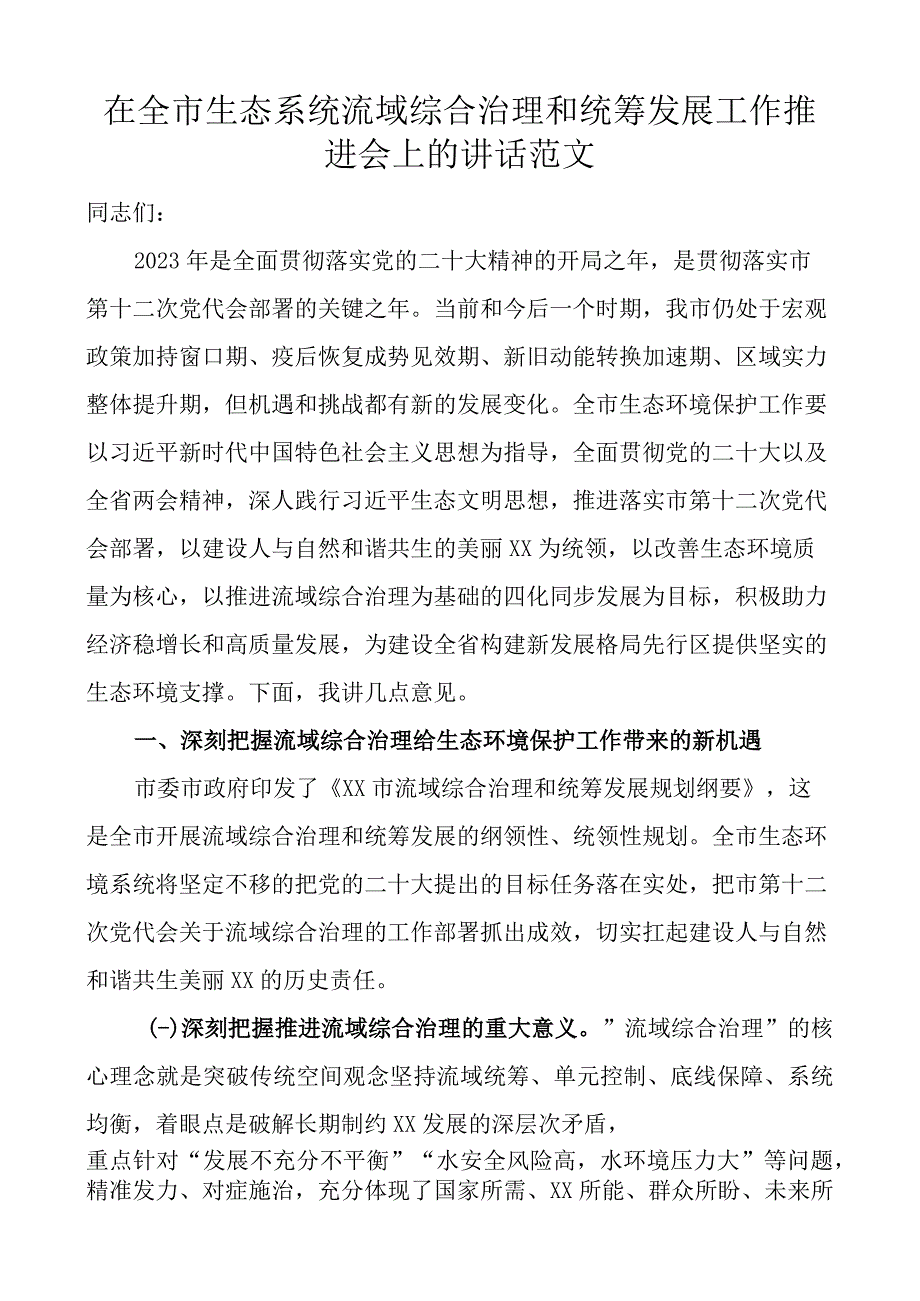 全市生态系统流域综合治理和统筹发展工作推进会议讲话.docx_第1页