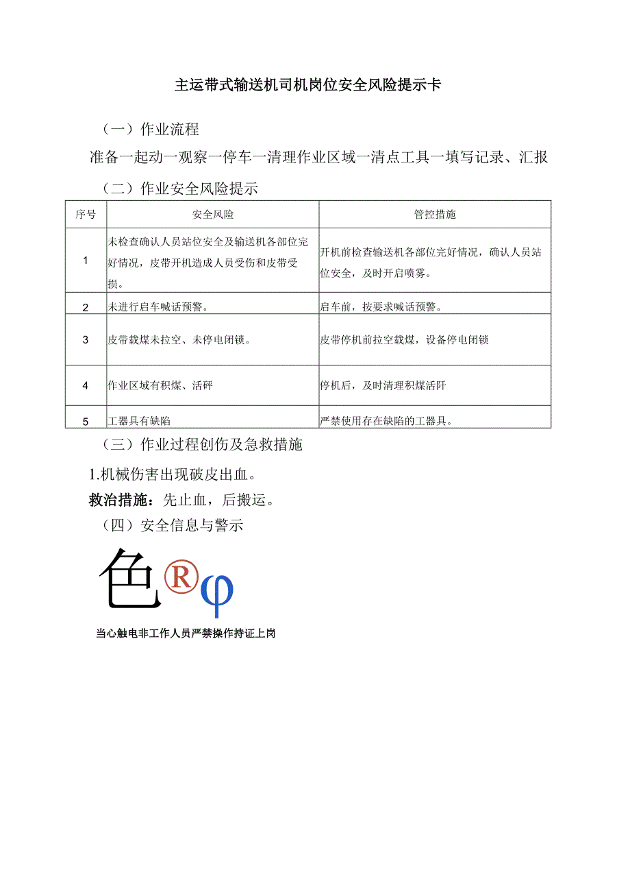 主运带式输送机司机岗位安全风险提示卡.docx_第1页