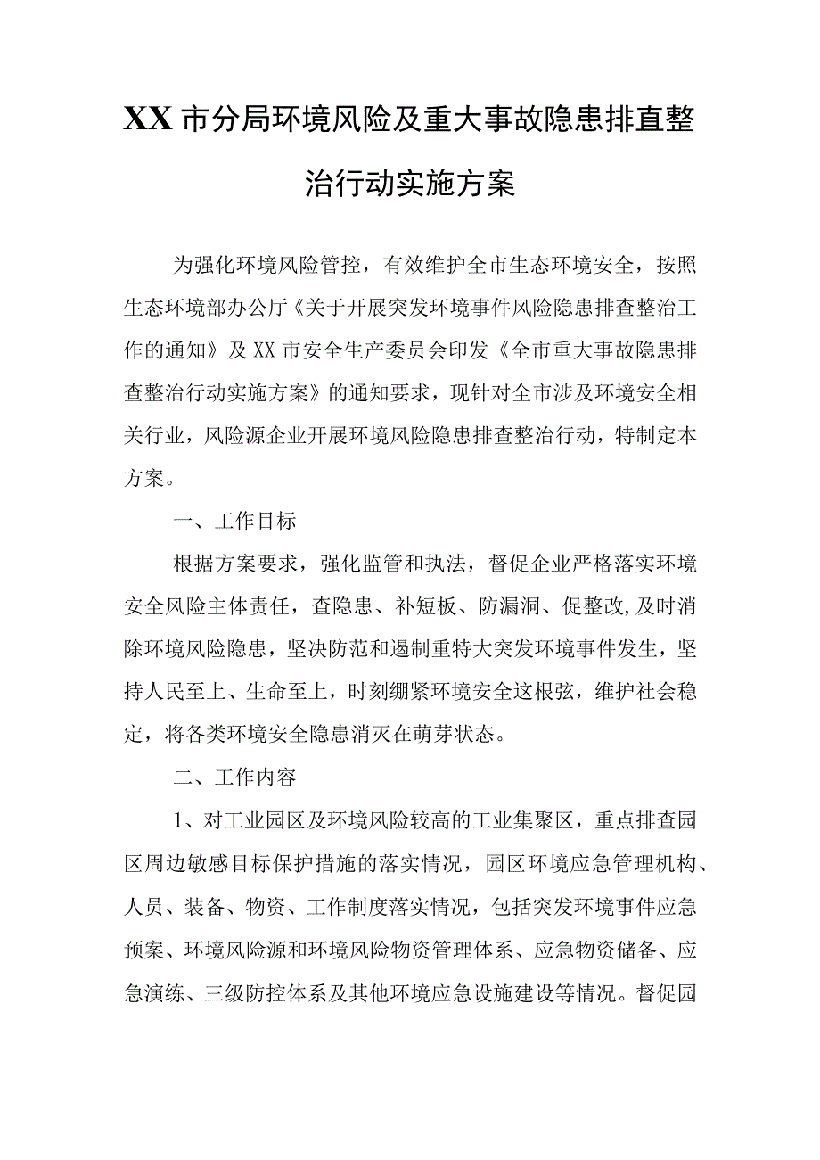 XX市分局环境风险及重大事故隐患排查整治行动实施方案.docx_第1页