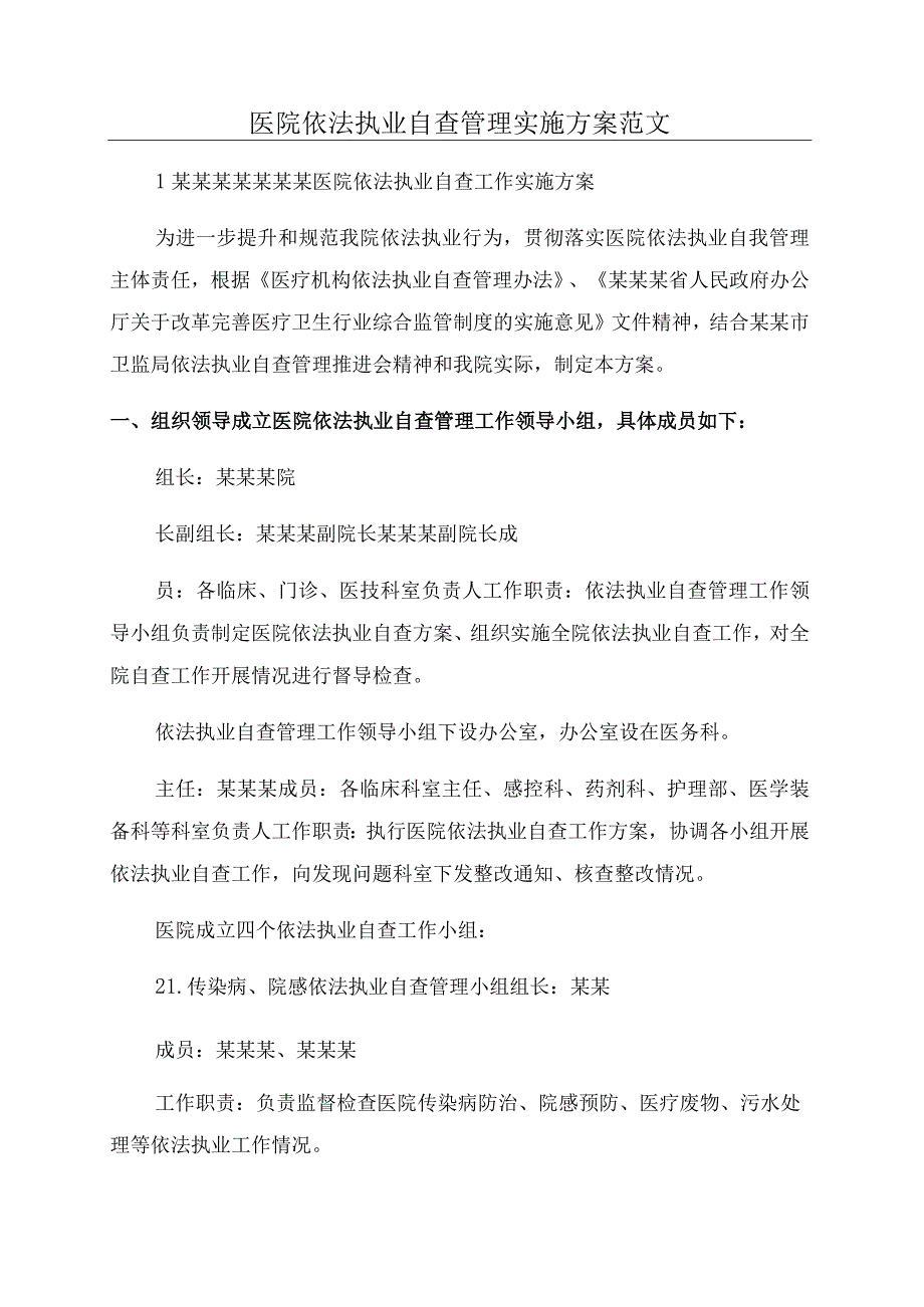 医院依法执业自查管理实施方案范文.docx_第1页