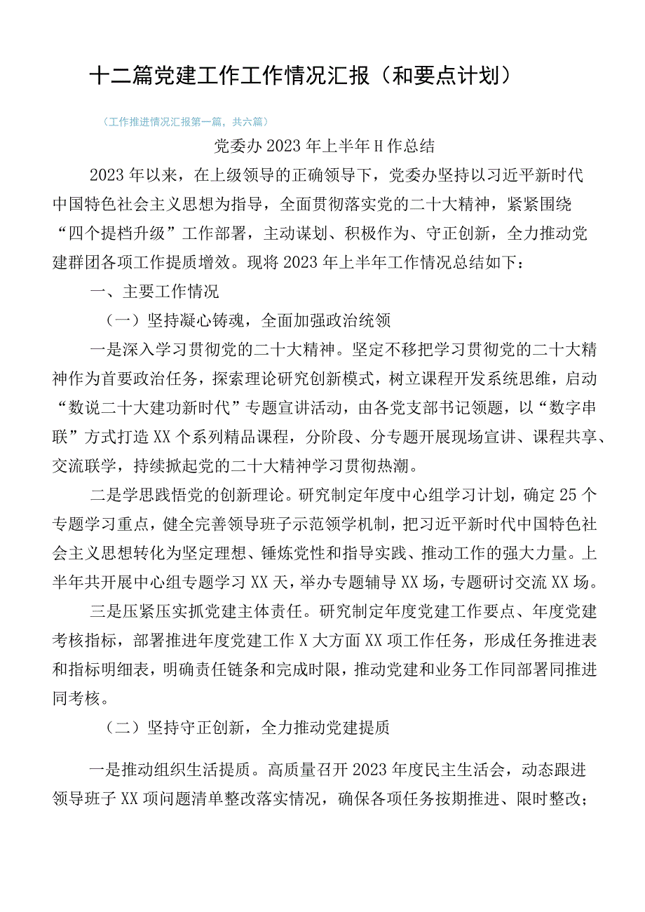 十二篇党建工作工作情况汇报（和要点计划）.docx_第1页