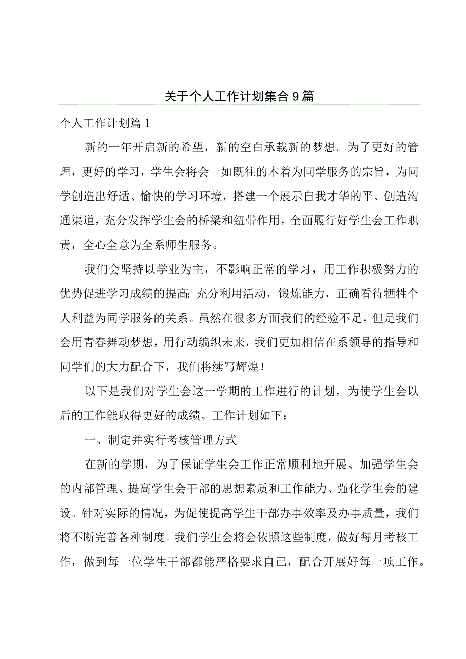 关于个人工作计划集合9篇.docx_第1页