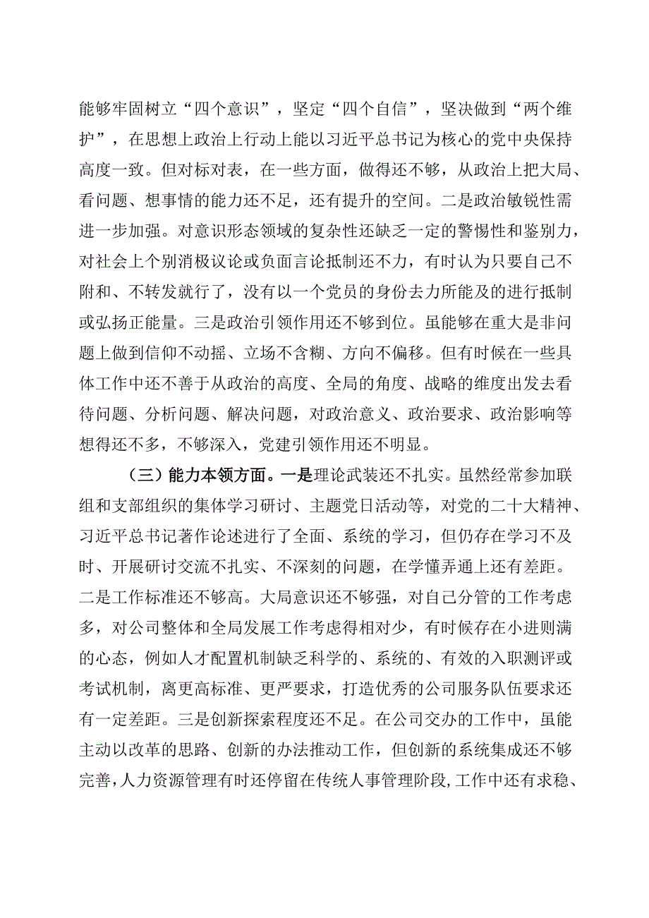 国有企业分管领导2023年主题教育专题民主生活会个人对照检查材料（学习、素质、能力、担当作为、作风检视剖析发言提纲公司）.docx_第2页