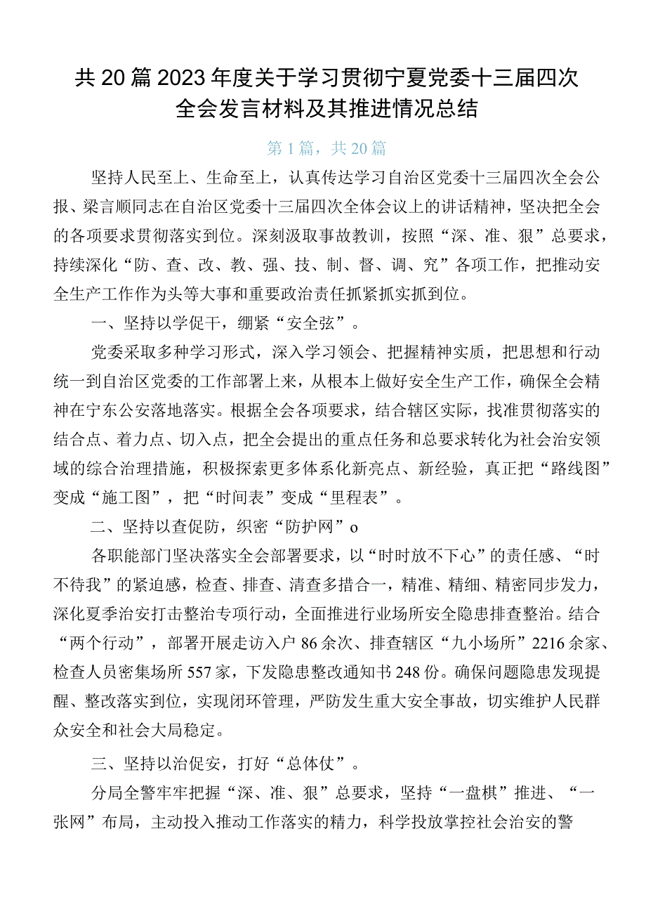 共20篇2023年度关于学习贯彻宁夏党委十三届四次全会发言材料及其推进情况总结.docx_第1页