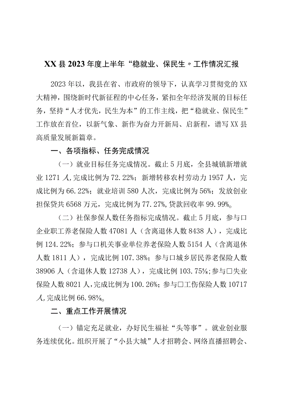 县2023年度上半年“稳就业、保民生”工作情况汇报.docx_第1页