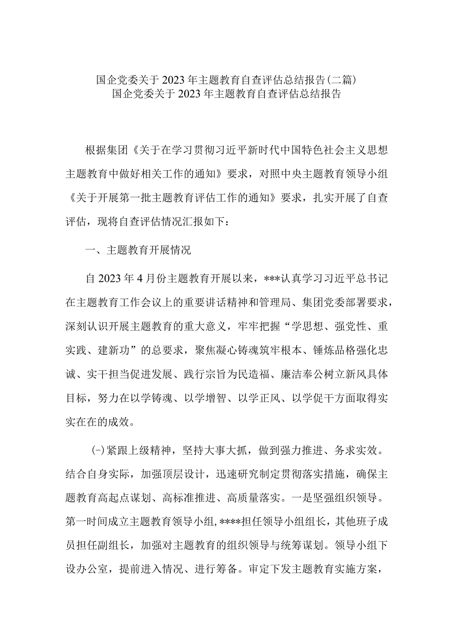 国企党委关于2023年主题教育自查评估总结报告(二篇).docx_第1页