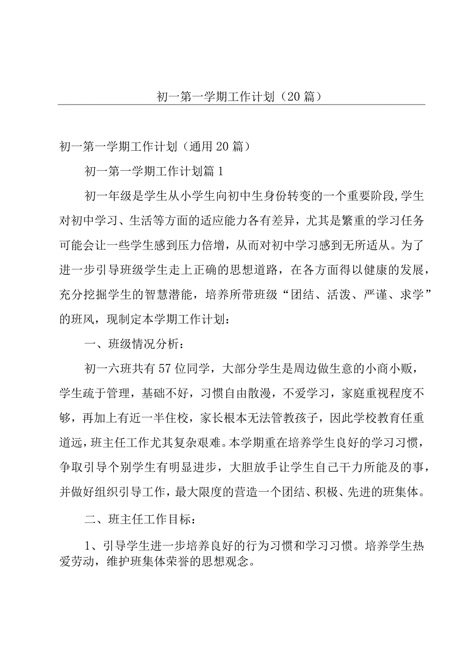 初一第一学期工作计划（20篇）.docx_第1页