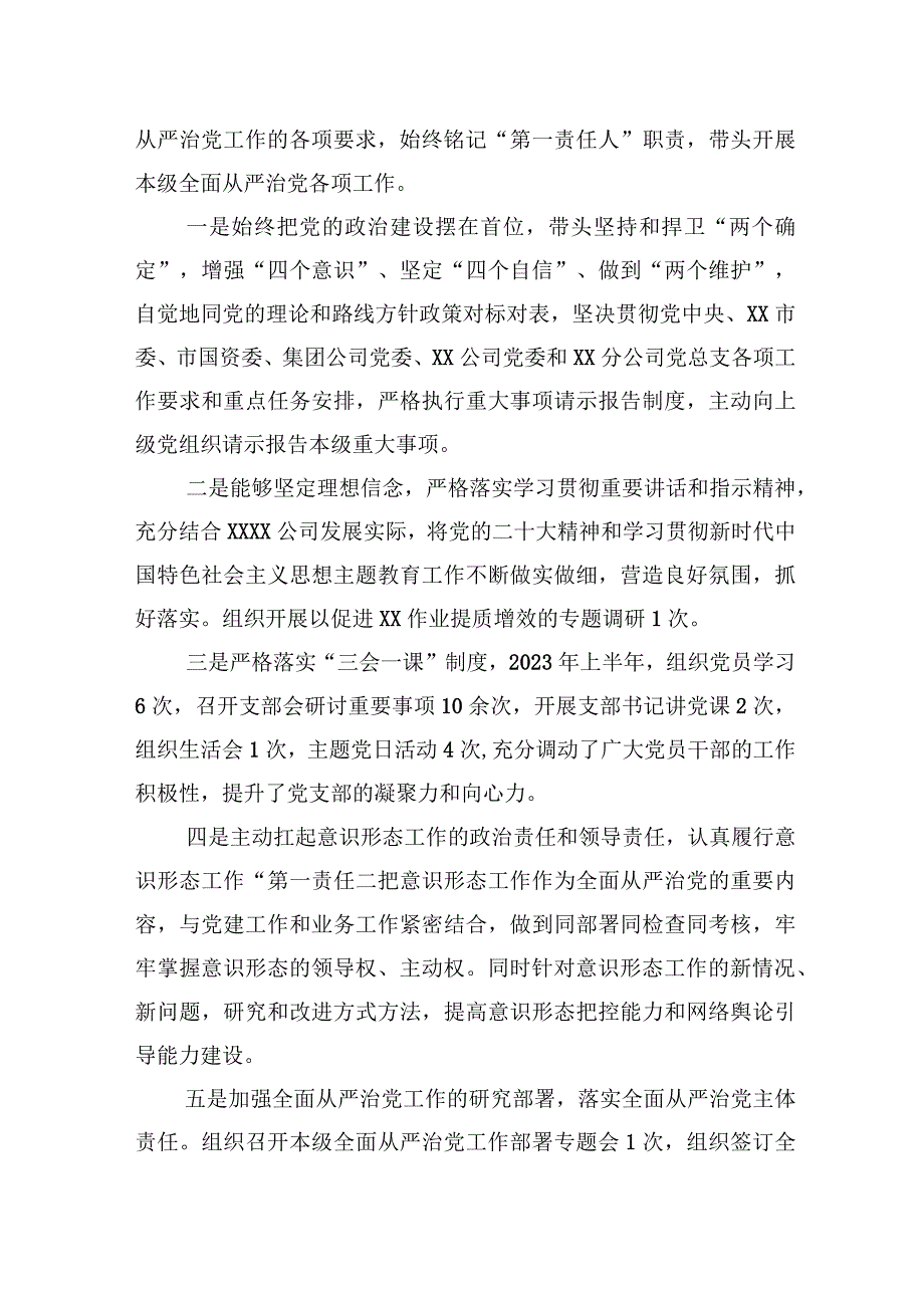 国企党支部2023年落实全面从严治党（党建）责任年中自查报告（含班子情况）.docx_第2页