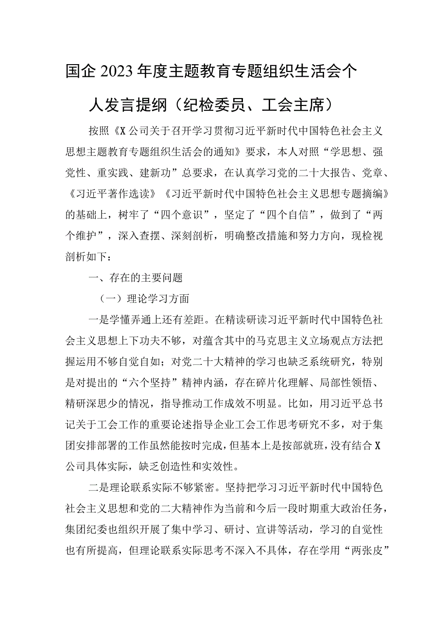 国企2023年度主题教育专题组织生活会个人发言提纲（纪检委员、工会主席）.docx_第1页